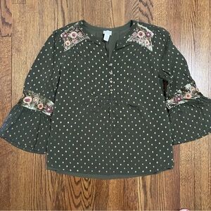 Chico's Green Gold Floral Blouse Bell Sleeve Size 0 or US 4-small